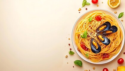 Mussels pasta, lemon, tomatoes