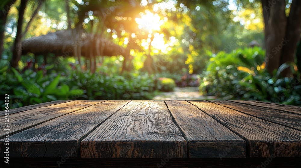 Poster rustic wooden table set amongst towering trees in a forest creating a natural peaceful setting