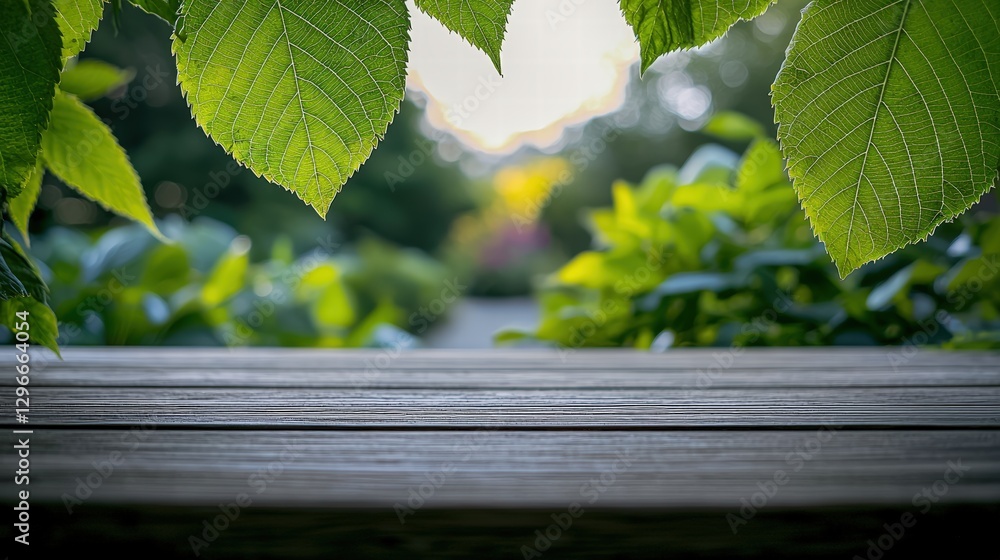 Poster delicate green leaf resting on a weathered wooden table surface displaying natural texture and color