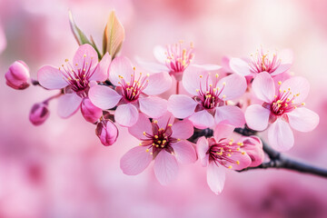 Naklejka premium Cherry blossoms bloom in springtime's gentle sunlight
