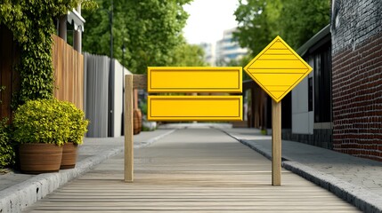 A detailed street scene showcases multiple informational yellow signs