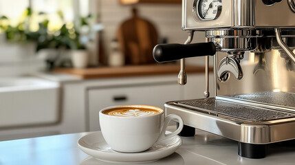 Freshly brewed espresso coffee in modern kitchen with sleek machine