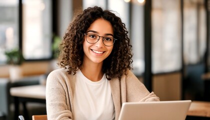 A young woman with curly hair and glasses is smiling at the camera while sitting behind a laptop.