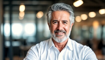 Fototapeta premium The image features an older man with grey hair and a white collared shirt standing in front of a blurred background.