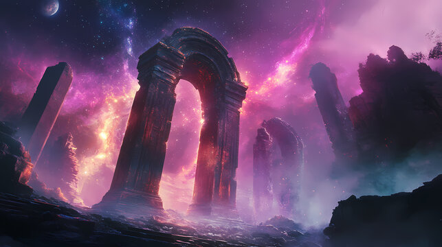 Glowing astral mist envelops ancient, ruined temple , cosmic phenomenon, ethereal glow. Cosmic Astral Temple. Illustration