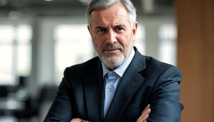 A man in a suit with his arms crossed sitting in an office setting.