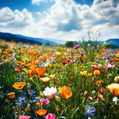 Obraz premium Vibrant Wildflower Meadow with Distant Mountains Under a Sunny Sky