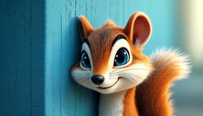 A cartoon squirrel is peeking out from behind a blue wall.