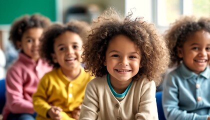 The image is of four children with curly hair sitting together.