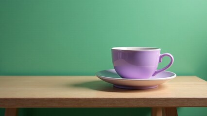 A lavender teacup rests on a saucer atop a light wood table against a muted green wall