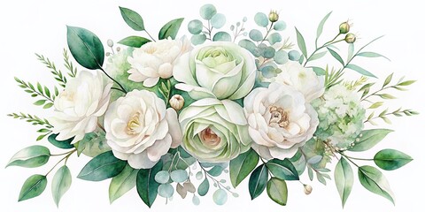 Minimalist Watercolor Wedding Invitation: White Roses, Peonies & Hydrangeas