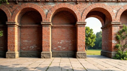 Fototapeta premium Serene brick archway passageway leading to a tranquil park-like setting with lush green trees and grass, sunlight illuminating the scene