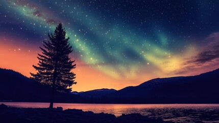 Naklejka premium Lone pine tree silhouetted against a vibrant aurora borealis in a serene landscape, showcasing the natural beauty and tranquility of the northern lights in a breathtaking night sky.