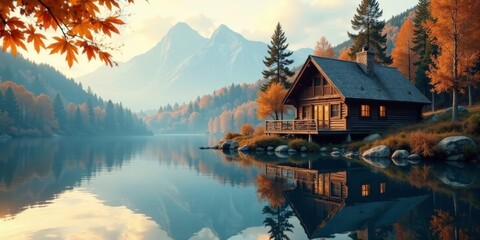 Fototapeta premium Serene Autumn Lakeside Cabin Retreat, Nestled Amongst Vibrant Foliage and Majestic Mountains, Reflecting Tranquility in Still Waters