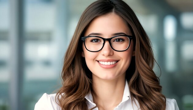 Close up portrait of young woman with long brown hair and glasses smiling at camera.