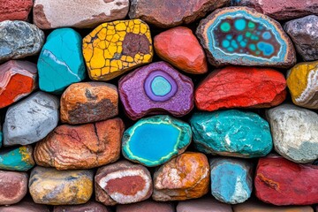A stack of mineral-rich rocks showing layers of vibrant colors