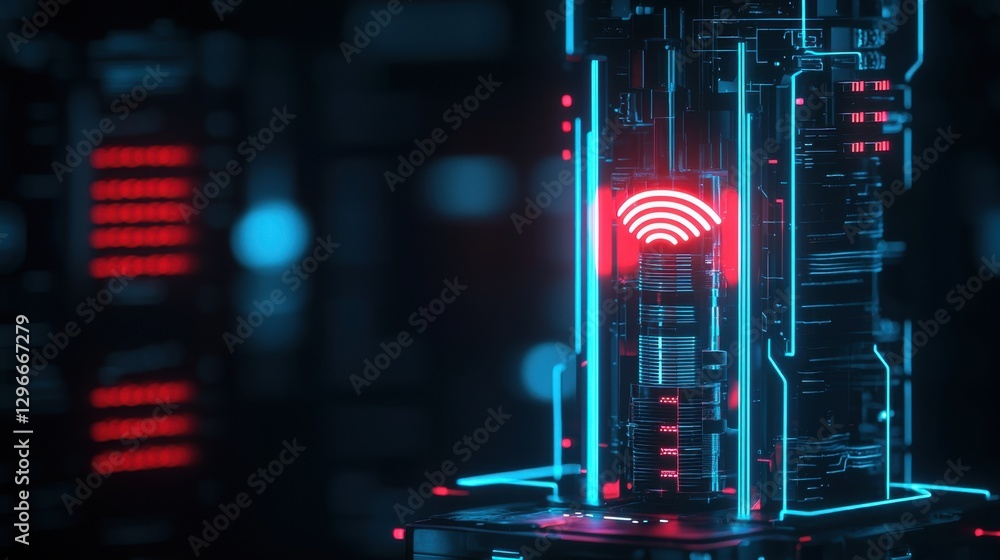 Poster futuristic data center with advanced technology features, bright neon lights, and wi-fi signal repre