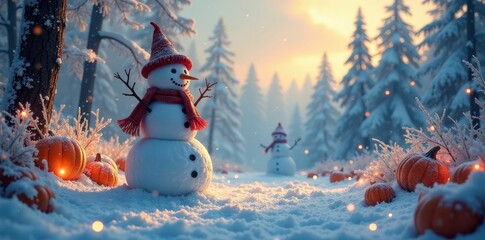 Fototapeta premium Winter Wonderland Featuring Frosty Friends and Glowing Pumpkins in a Snowy Forest