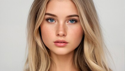Naklejka premium A young woman with blonde hair and blue eyes is shown from the shoulders up, facing forward.