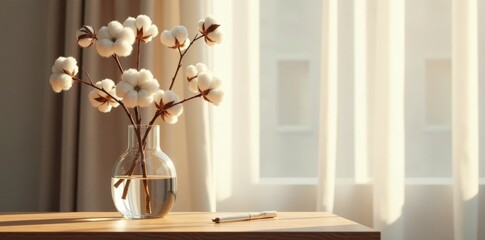 Serene cotton blossoms in a glass vase, bathed in soft sunlight near a writing instrument on a wooden surface against a sheer curtain backdrop