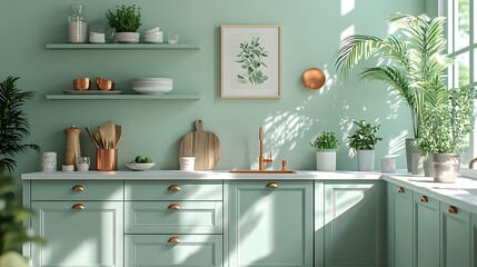 Elegant pastel kitchen with seafoam green cupboards, copper utensils, and vintage wall art, 8K quality realistic image