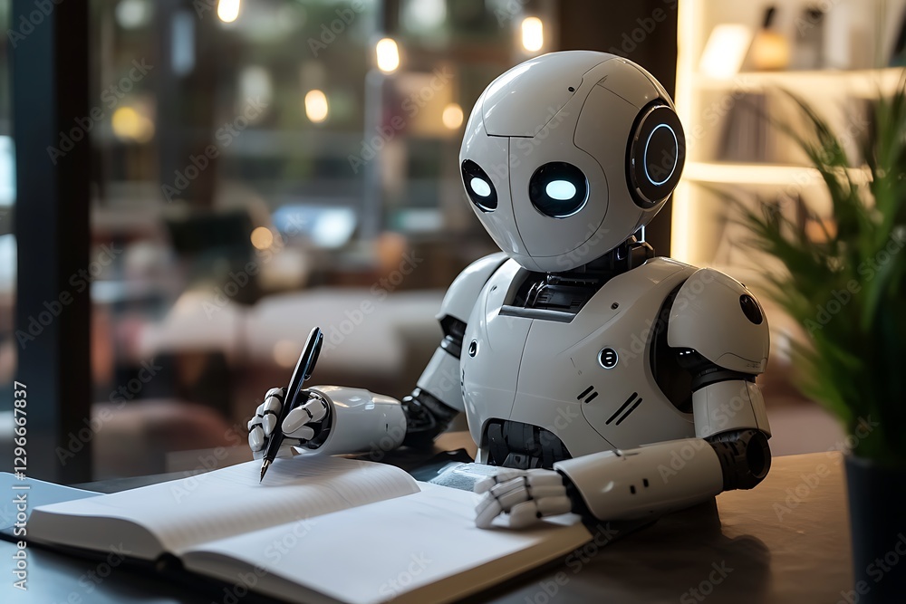Poster robot writing in a notebook