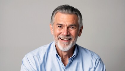Fototapeta premium portrait of an older man in his 50s or 60s with grey hair and a blue button up shirt.