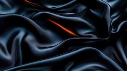 A close-up of luxurious black satin fabric, showcasing its smooth texture and subtle sheen with a hint of orange reflection.