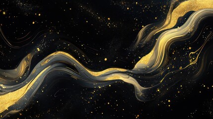 Abstract golden liquid swirls on black background, potential use for luxury product advertisement