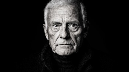 Obraz premium Intense Expression of an Elderly Man with Deeply Wrinkled Skin and Thoughtful Eyes in Black and White Photography