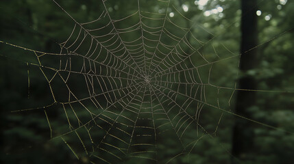 Intricate Spider Web Glimmering with Dew Amidst Lush Green Forest
