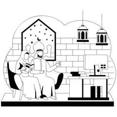 Saudi Couple Watching Tv and seeing eid announcement news concept, Man and woman Blessed Moments vector icon design Ramazan Eid al-Fitr sign, Muslim fasting month story, Arabic holidays illustration