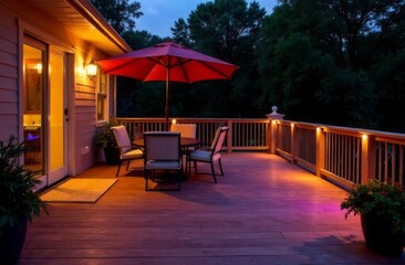 Fototapeta premium Romantic atmosphere with burning candles, lanterns, outdoor veranda. The idea of arranging a romantic date