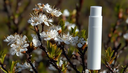 White bottle amidst blooming spring branches