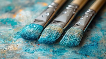 Obraz premium Close-up of three paintbrushes with blue paint on a palette.