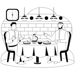 middle eastern mens are on iftar party at cafe concept, Dates and Brotherhood at Evening Meal vector icon design, Ramazan and Eid al-Fitr Banner Muslim fasting month scene Arabic holidays illustration