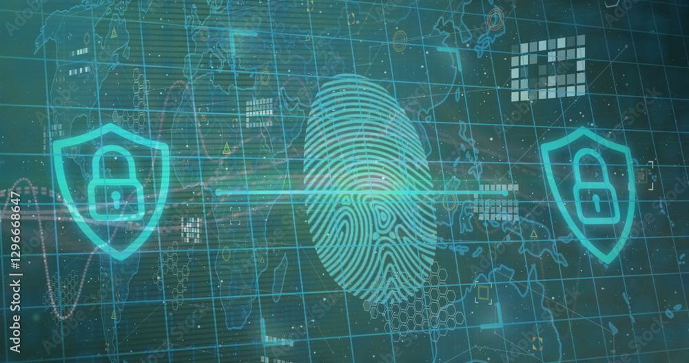 Poster image of biometric fingerprint with data processing over dark background