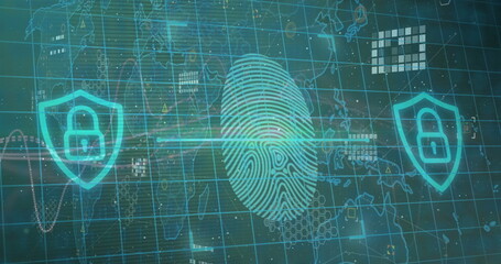 Image of biometric fingerprint with data processing over dark background