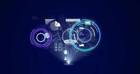 Image of circular scanner, processing data and communication network on dark blue background