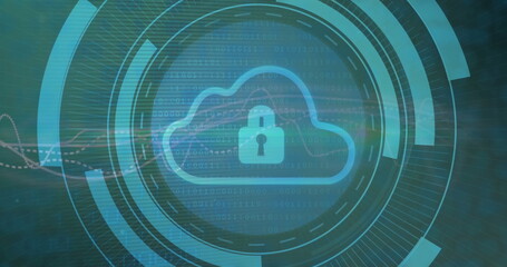 Image of cloud and padlock with data processing over dark background