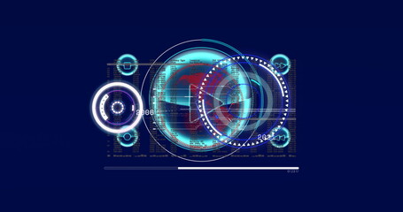 Image of circular scanners processing data and play symbol on dark blue background