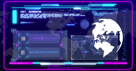 Image of globe and data processing over screens on dark background
