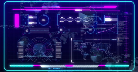Image of dna strand and data processing over screens on dark background