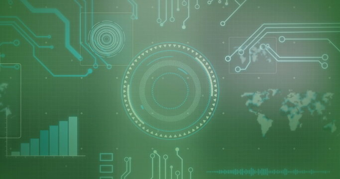 Image of scope scanning and data processing over circuit board on dark background