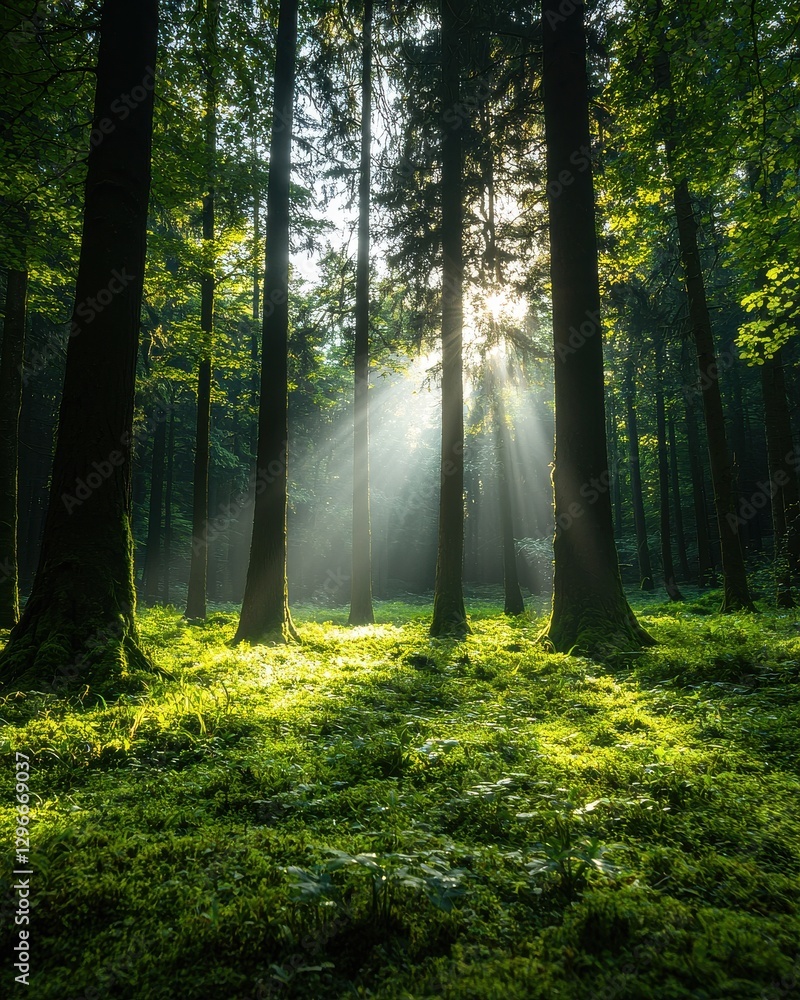 Poster sunlight filtering through trees in a lush green forest nature serene environment captivating view