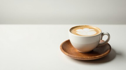 Obraz premium Aromatic Latte with Intricate Heart Design in a Ceramic Mug on Wooden Saucer