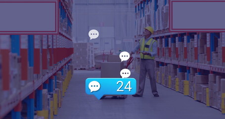 Image of media icons over caucasian male worker in warehouse