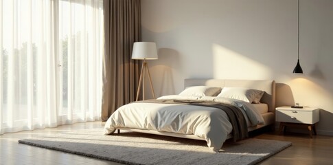 Serene Bedroom with Sunlight Streaming Through Sheer Curtains and Soft Neutral Decor