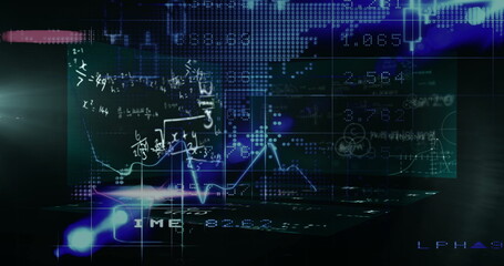 Image of data processing over screens on black background