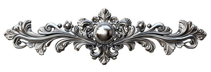 Elegant silver decorative pattern with intricate floral and leaf motifs, featuring central pearl like element, perfect for embellishing classic designs
